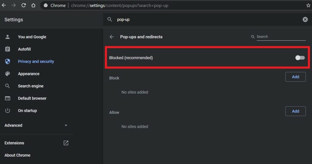 Remove Pop-up Ads by blocking pop-ups option in Chrome Setting