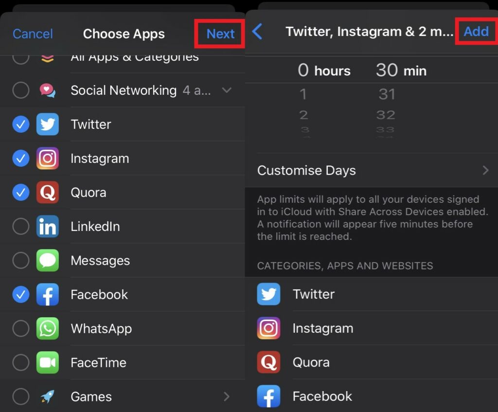 choose apps Screen Time on iPhone