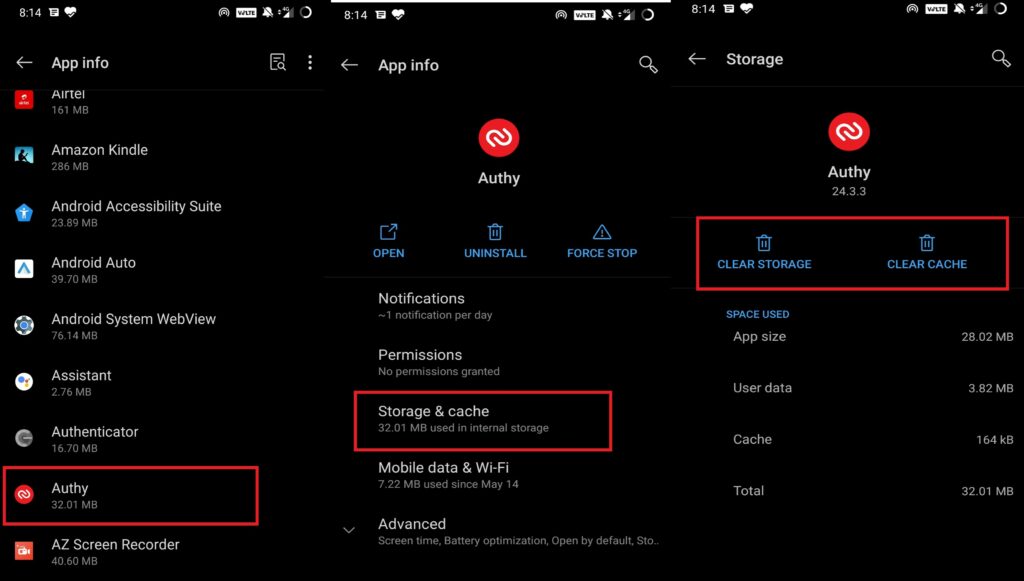 clear cache of authy if Authy Codes Not Working on Android