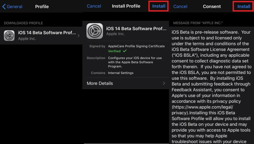 Install Beta developer profile