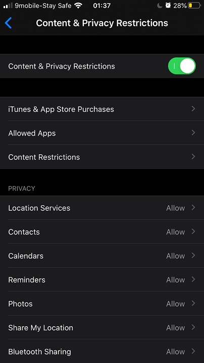 Время использования экрана iPhone - Ограничения по содержанию и конфиденциальности