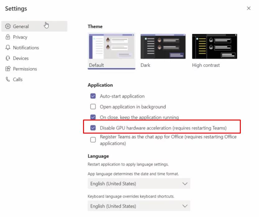 microsoft teams disable GPU