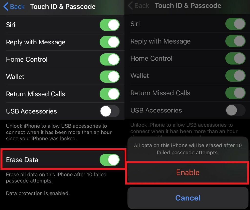 Disable Touch ID and enable erase data for security