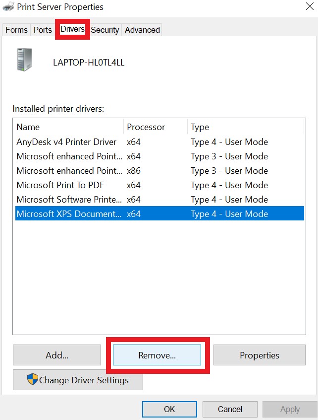 Remove the Printer from Windows 10 from Print Server Properties