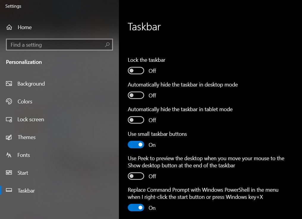 taskbar windows 10 options