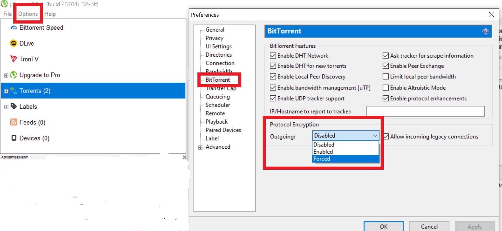 change protocol encryption to fix utorrent