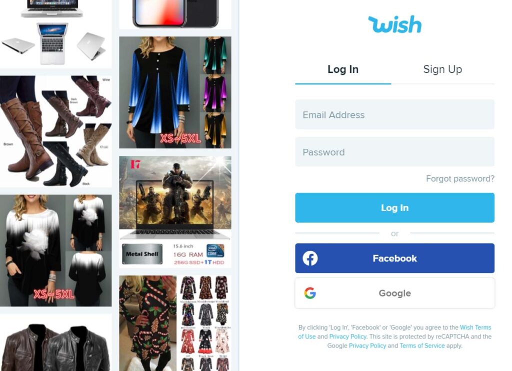 Login to Wish Shopping App