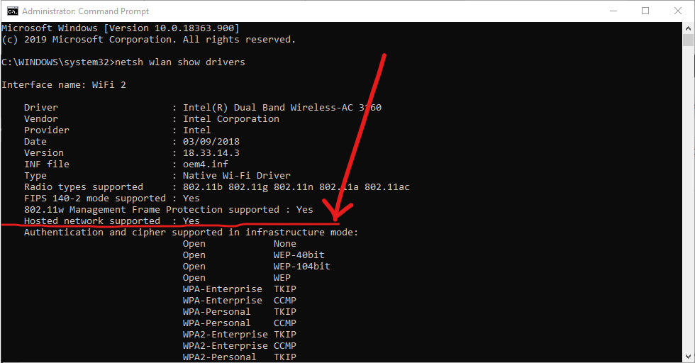 Check if Hosted Network Supported Windows 10 CMD