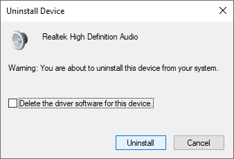 Confirm Uninstall of Realtek Audio driver via Device Manager - Windows 10