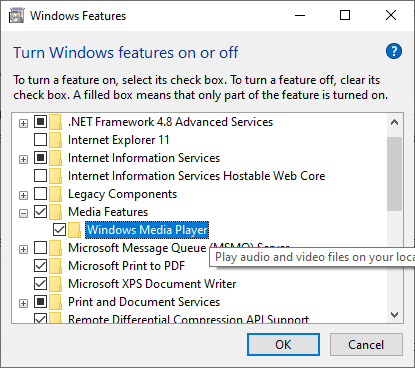 Disable Windows Media Player in Windows Features