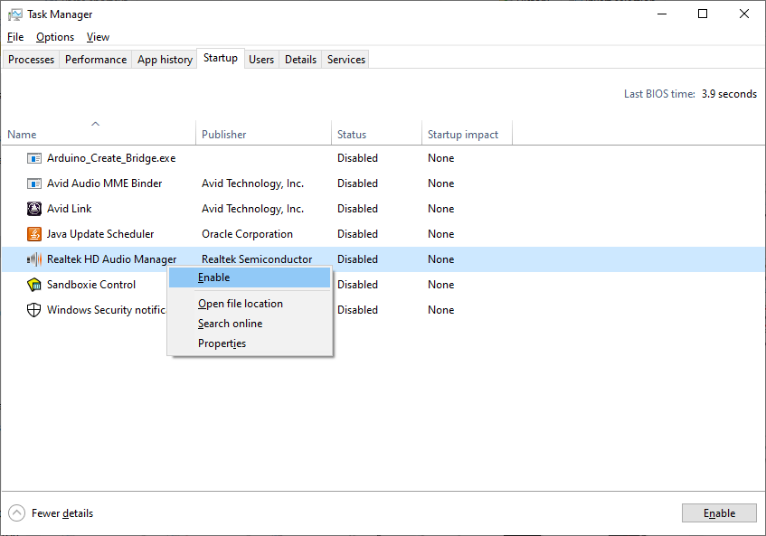 Enable Realtek HD Audio Manager in Windows Startup Settings
