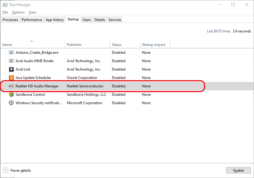 Enable Realtek HD Audio Manager in Windows Startup Settings