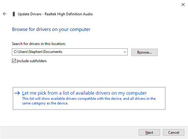 Let me pick from a list of available drivers on my computer - Realtek Audio