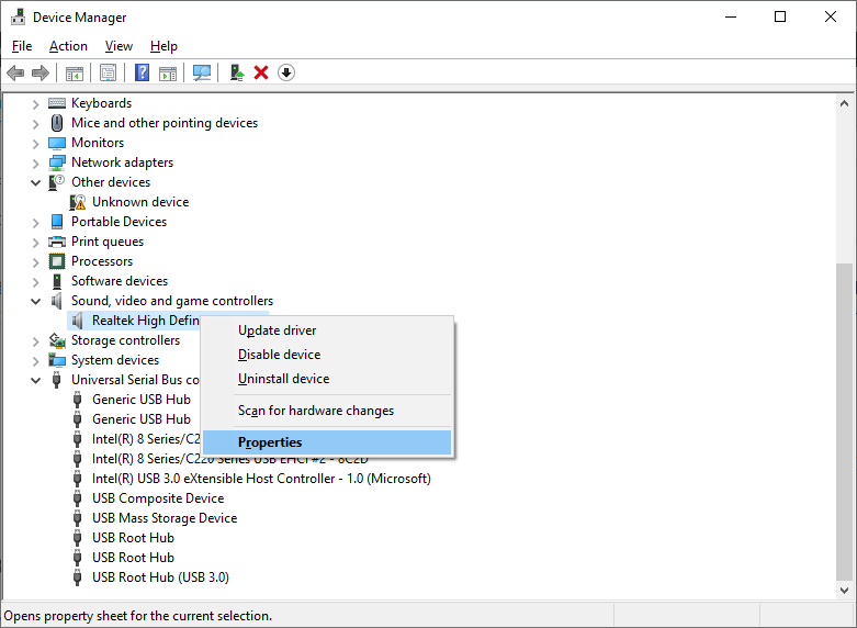Open Realtek Audio driver Properties in Device Manager - Windows 10