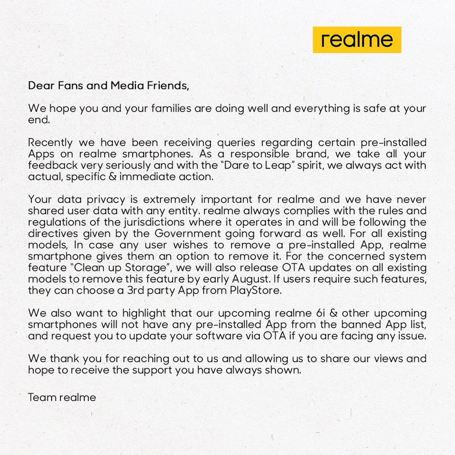 Realme Statement of banning Chinese apps in India