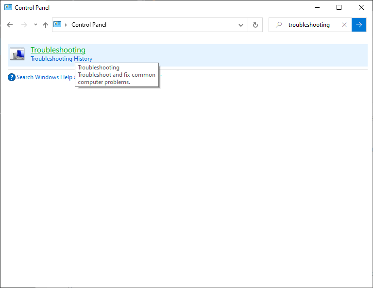 Search for Troubleshooting in Control Panel