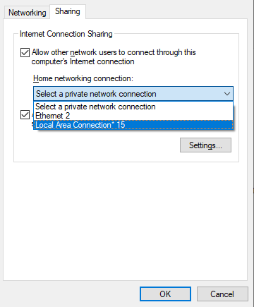 Select Network Connection for Sharing - Windows