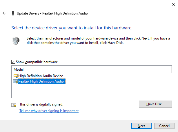 Select Realtek High Definition Audio driver in Device Manager - Windows 10