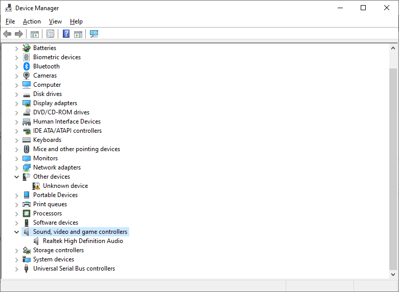 Sound, video and game controllers in Device Manager - Windows 10