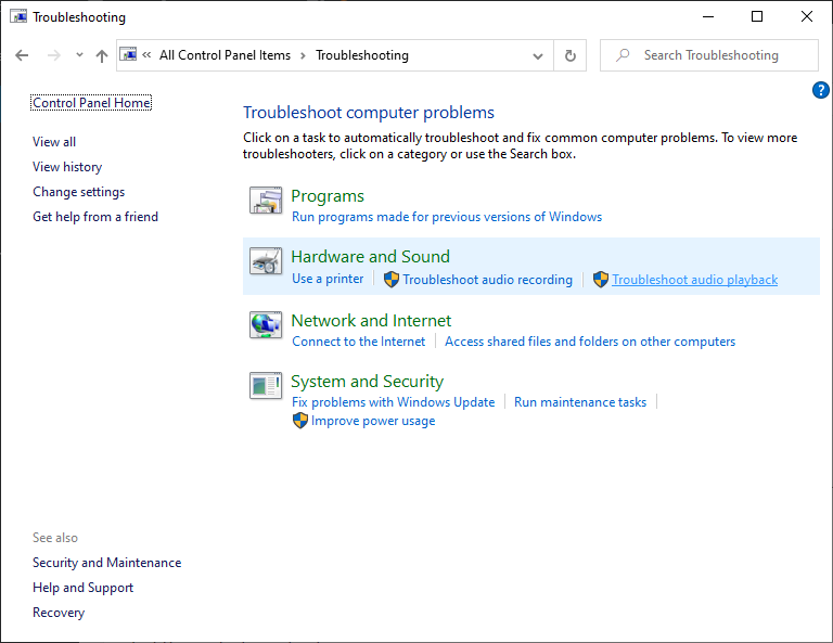 Troubleshoot audio playback in Control Panel - Windows 10