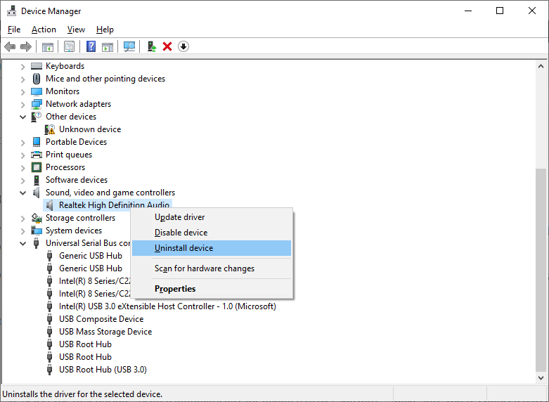 Uninstall Realtek Audio driver via Device Manager - Windows 10