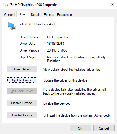 Update Driver in Properties