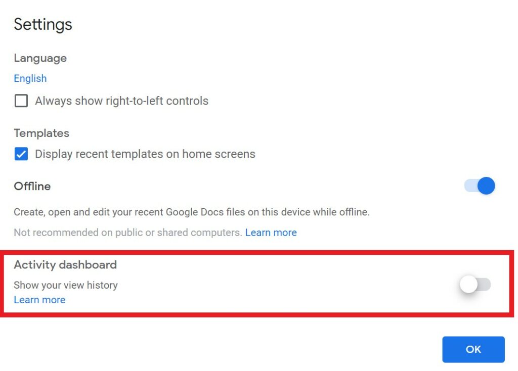 Disable activity dashboard in Google Doc