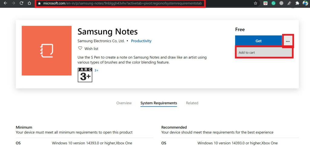 Samsung Notes app add to cart
