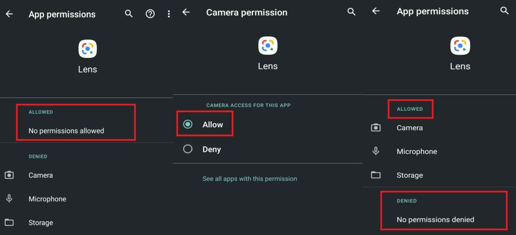 Allow permission to Lens to access camera, mic and storage