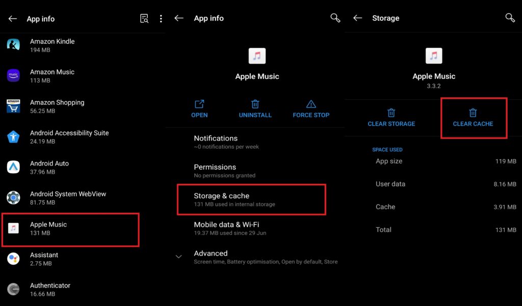 Clear cache of Apple music if Apple music app is not working on Android