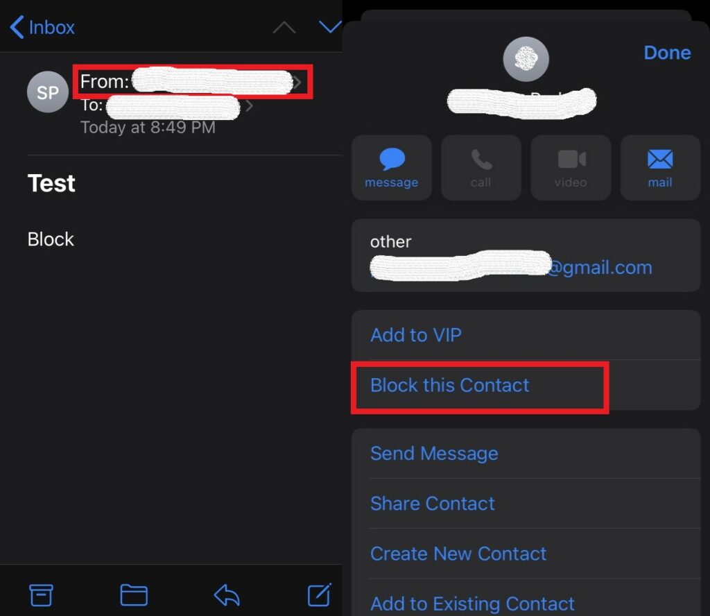 заблокировать отправителя в приложении iPhone Mail
