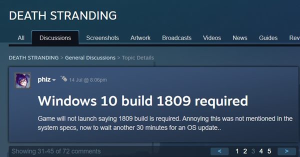 Death stranding requires windows 10 version 1809 or later the steam client might