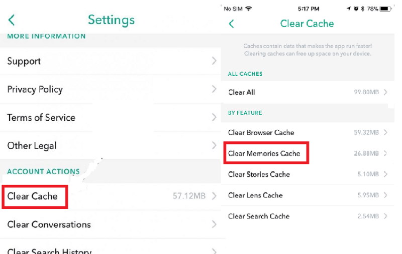 Delete Single or All Snapchat Memories Clear Cache All