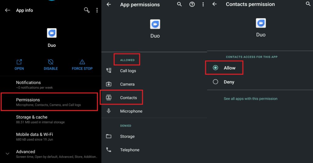 Check App permissions for Google Duo to Access Contacts