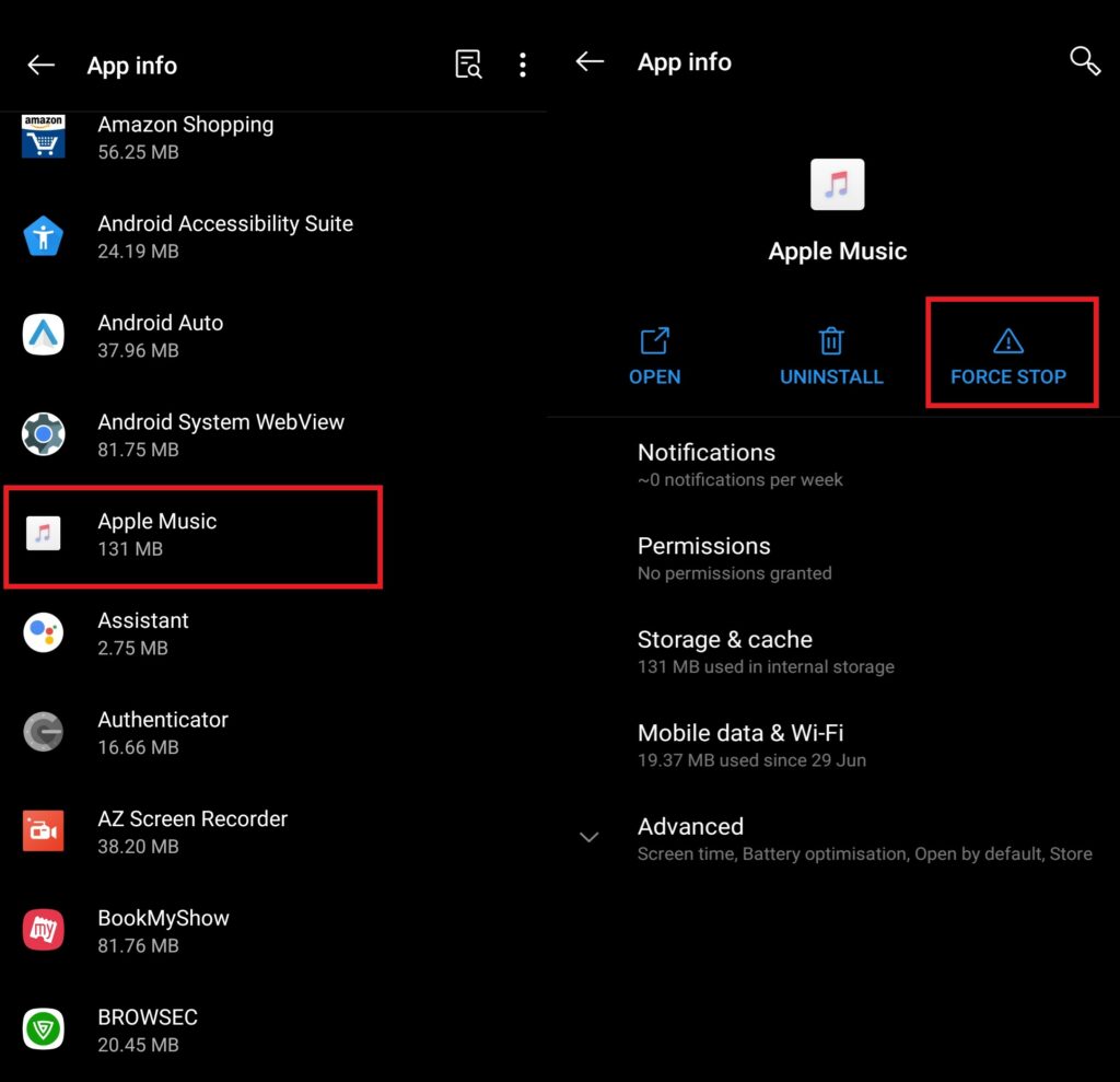 Force stop if Apple Music is not working on your Android device