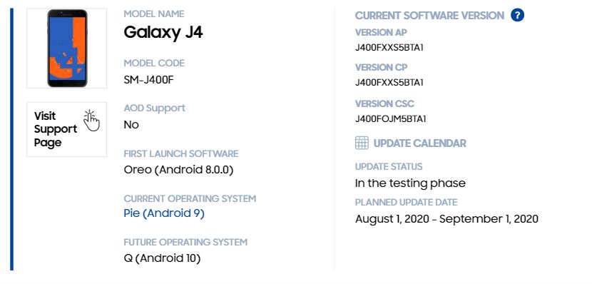 galaxy j4 android 10 one ui 2.0 update coming soon