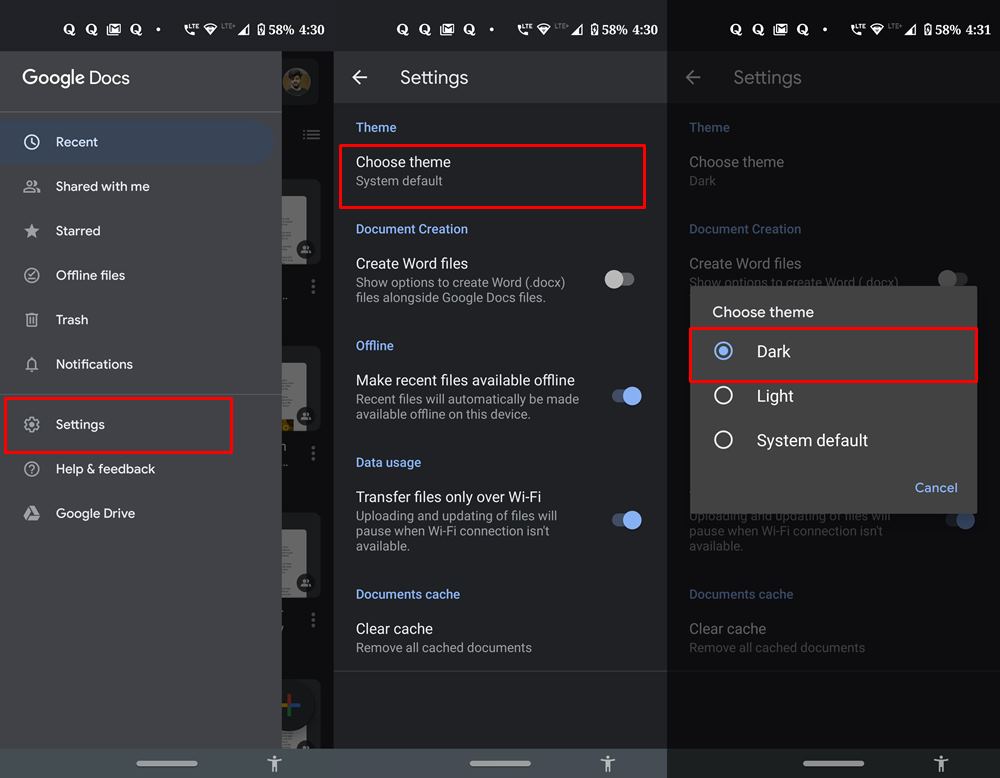 google docs dark mode