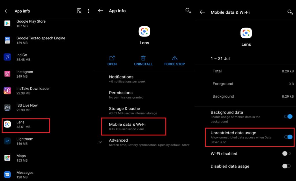 Set unrestricted data usage for Google Lens