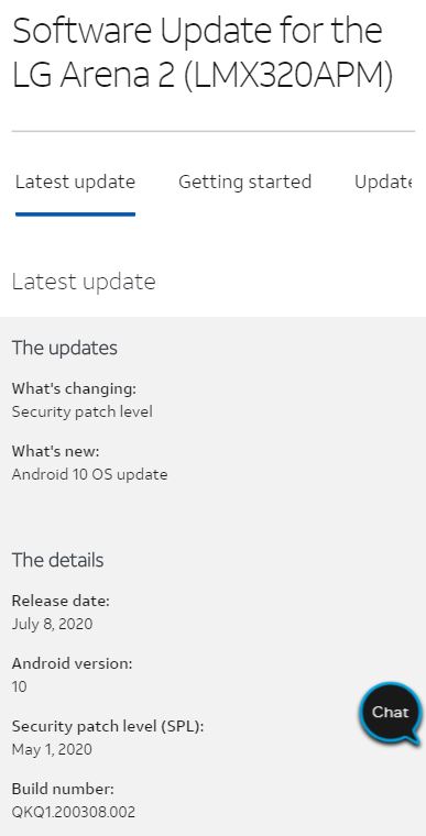 lg arena 2 at&t android 10 update