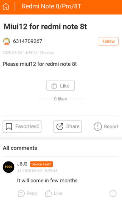 miui 12 redmi note 8t coming soon