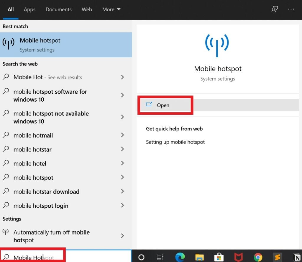Open Windows 10 Mobile Hotspot under Network Settings