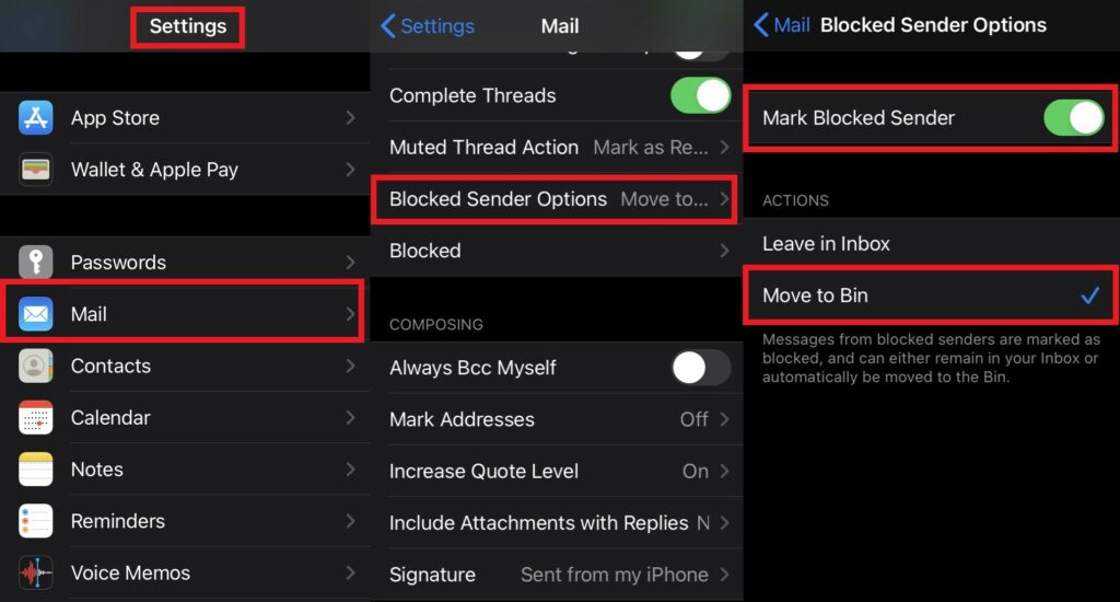 Действия для заблокированных отправителей для почтового приложения