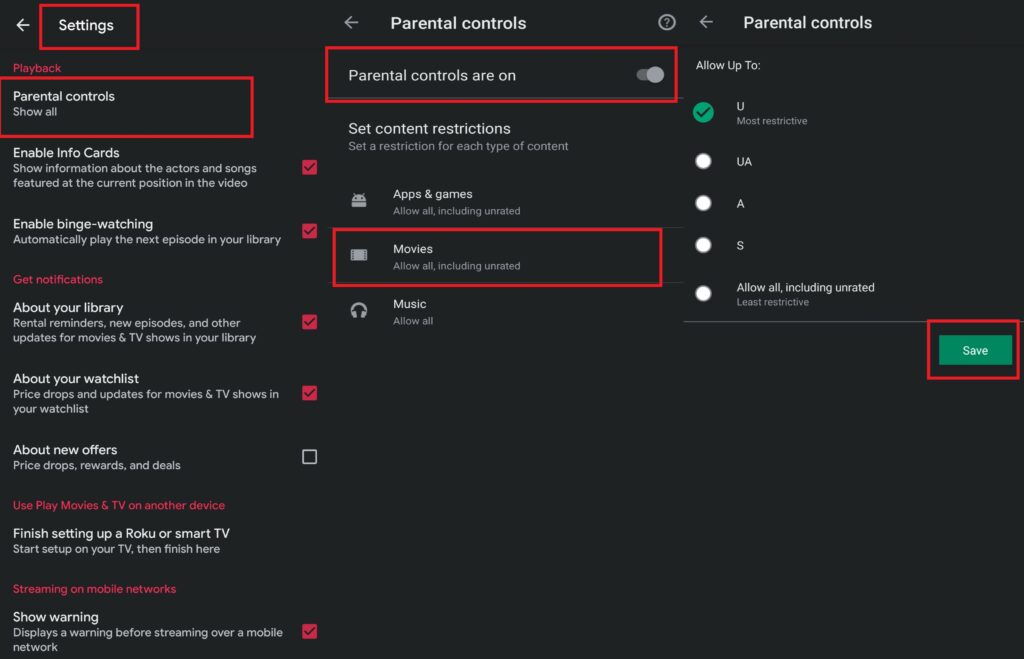 disable parental control to download play store movies