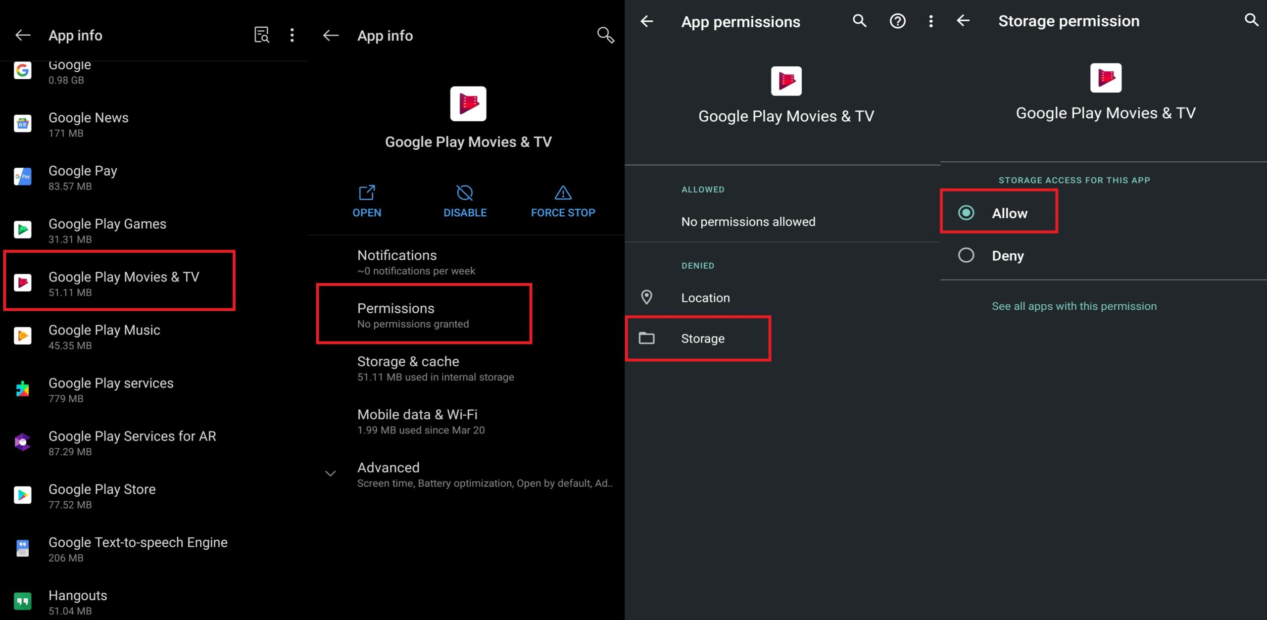 Enable storage permission for Google Play Movies and TV app