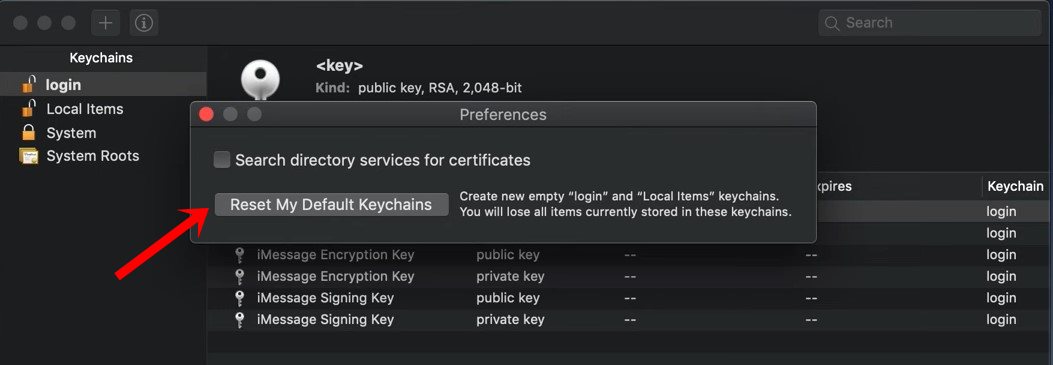 reset default keychain