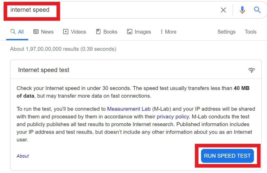 run speed test of your internet connectivity