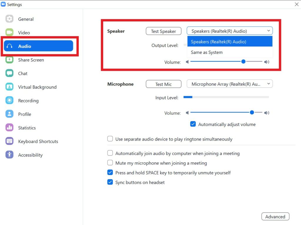 select the correct speaker for output