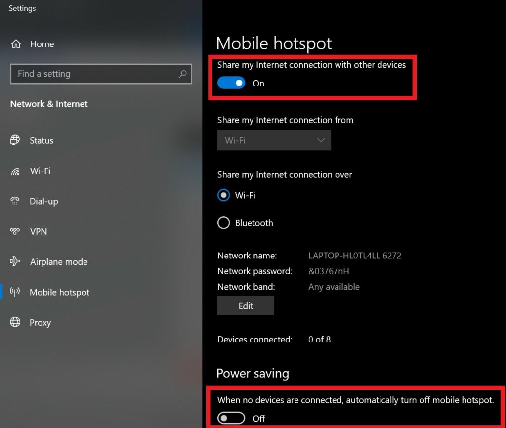 Windows 10 Mobile Hotspot Settings