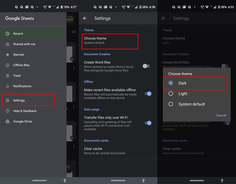 google sheets dark mode