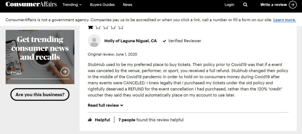 StubHub user review